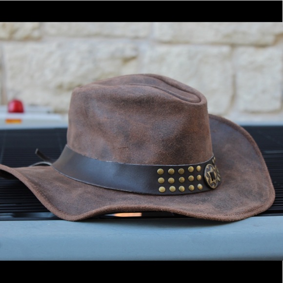 Men Brown Genuine Leather Western Cowboy Hat - Picture 4 of 5